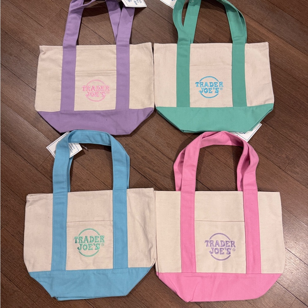 Trader Joe’s Canvas Tote Bags (4) - Pink, Blue, Green, Purple Accents